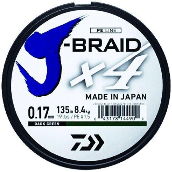 Daiwa splietaná šnúra j-braid 4 tmavo zelená 135m-priemer  0.13 mm / nosnosť 5